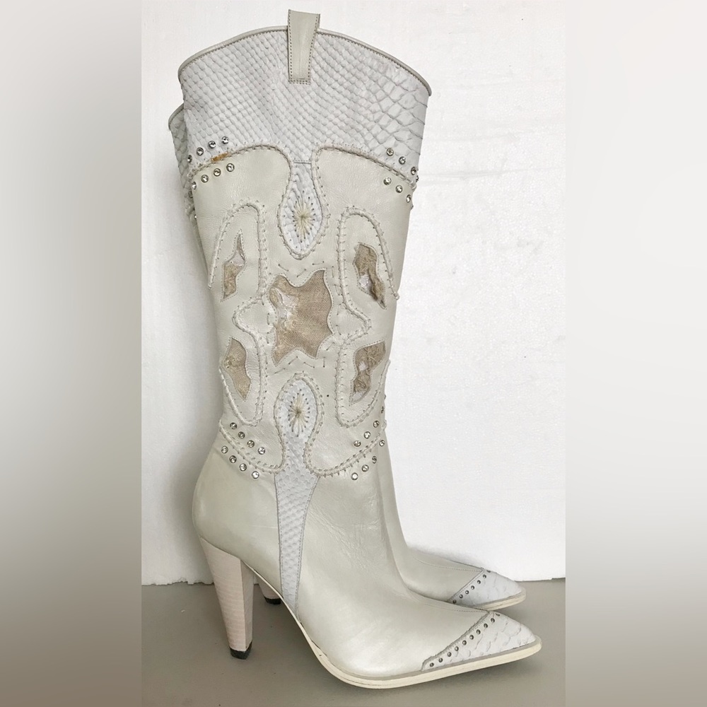 Aldo Elinora Ivory Rhinestone White Western Leather Heel cowboy boot
